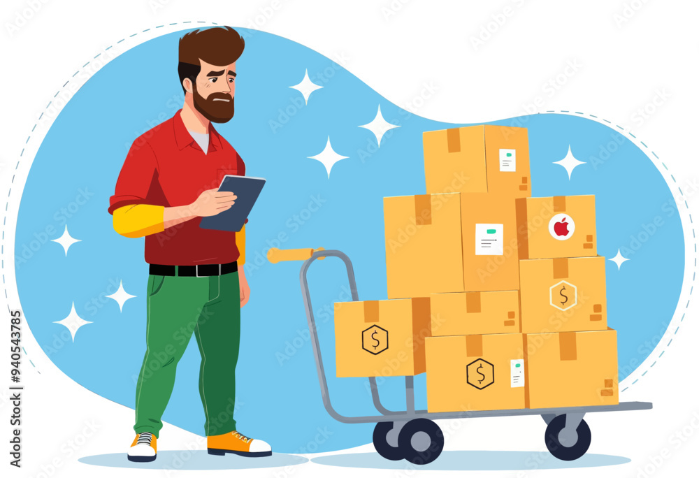 Man with beard pushing cart full of boxes with 'S' logos Man with beard pushing cart full of boxes with 'S' logos