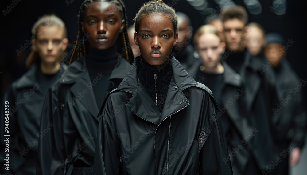 Many female and male models walking wearing black luxury street contemporary outfits, black background. Generative AI. Many female and male models walking wearing black luxury street contemporary outfits, black background. Generative AI.