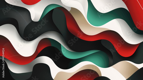 Abstract organic waves with contrasting black white crimson and emerald