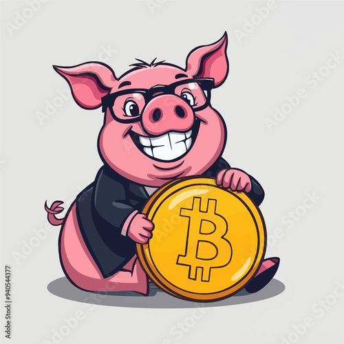 Piggy Banker: A Pig in Glasses Holding a Bitcoin Coin photo