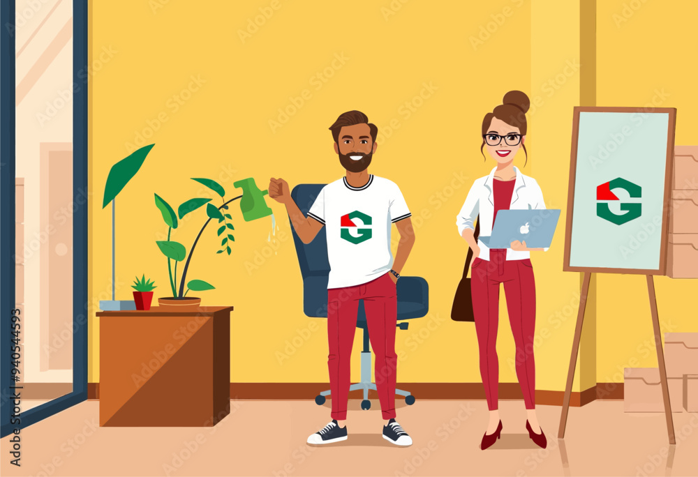 Professional Workplace Scene with Two People Standing in an Office Professional Workplace Scene with Two People Standing in an Office