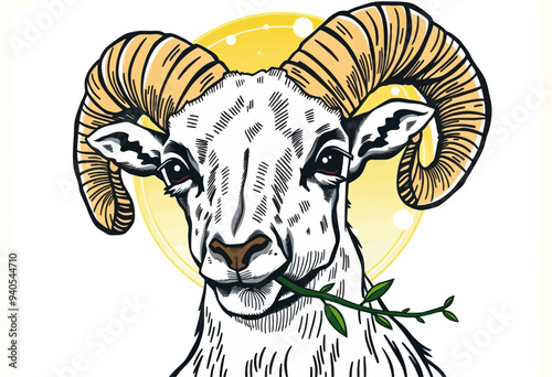 Ram with Curled Horns and Green Leaf