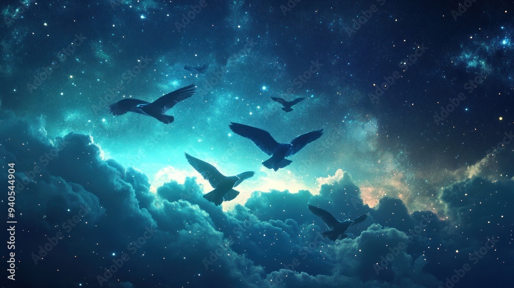 Birds Flying Through a Starry Night Sky with Clouds Birds Flying Through a Starry Night Sky with Clouds