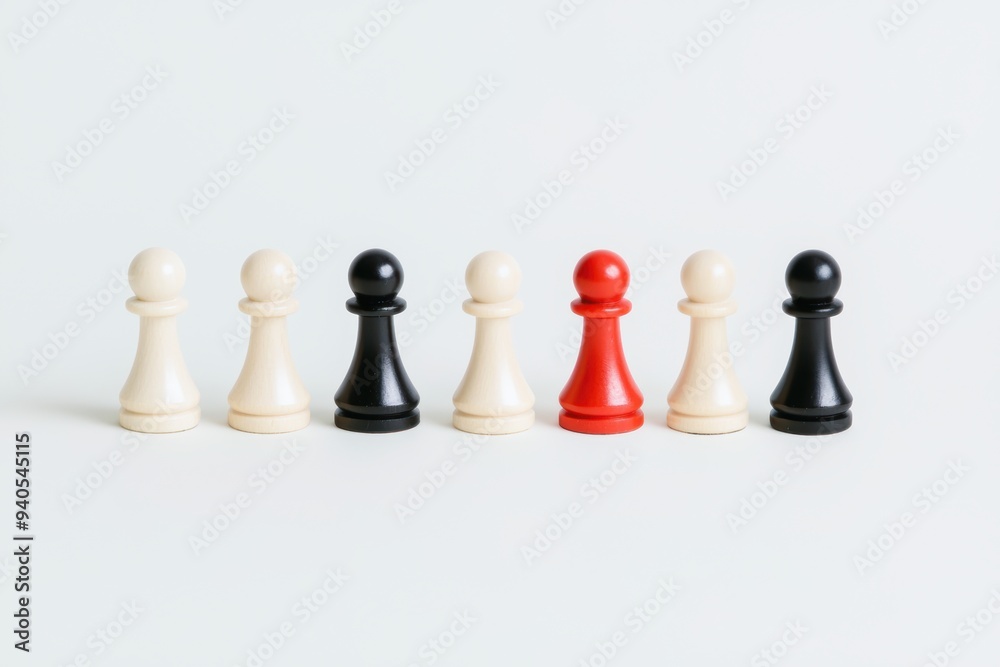 Chess Pawns Arrangement in a Row with Contrasting Colors on a White Background Chess Pawns Arrangement in a Row with Contrasting Colors on a White Background
