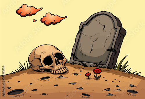 Skeletal Remnants: A Somber Tombstone and Red Flower