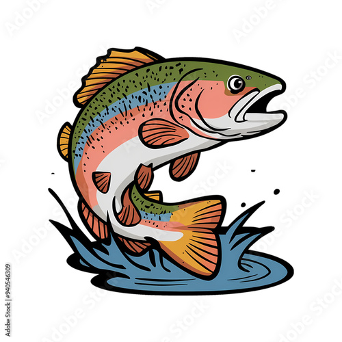 A vibrant anime-style illustration of a rainbow trout jumping out of a stream, isolated transparent background