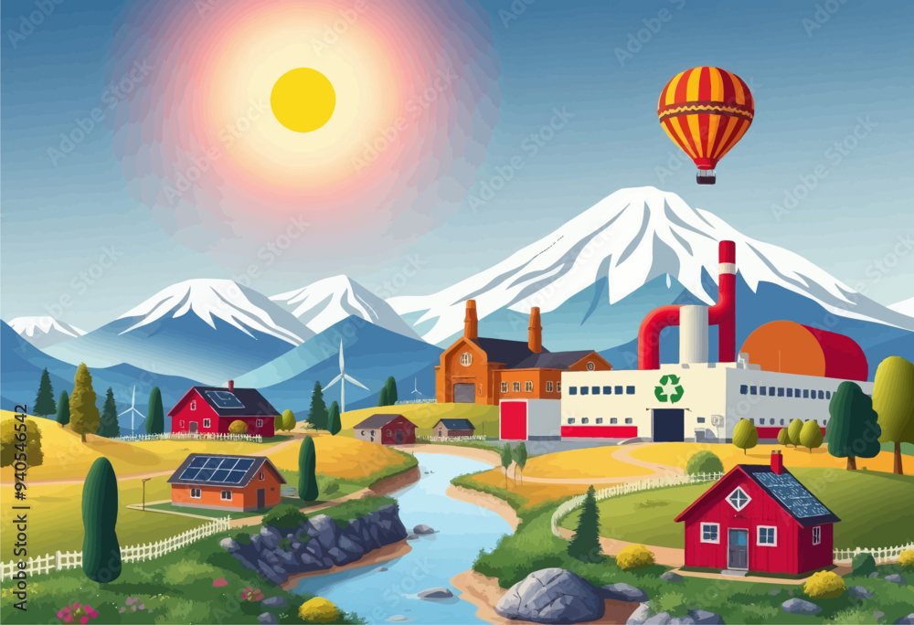 Sustainable Village with Wind Turbines and Solar Panels, Mountains in the Background Sustainable Village with Wind Turbines and Solar Panels, Mountains in the Background