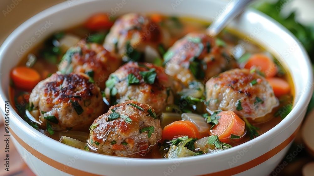 A vegetable and pork meatball soup. Generative AI. A vegetable and pork meatball soup. Generative AI.
