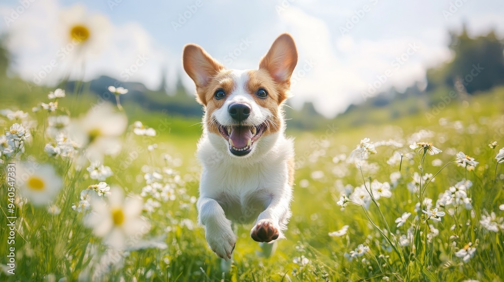 Happy dog running in a blossoming flower meadow on sunny day Happy dog running in a blossoming flower meadow on sunny day