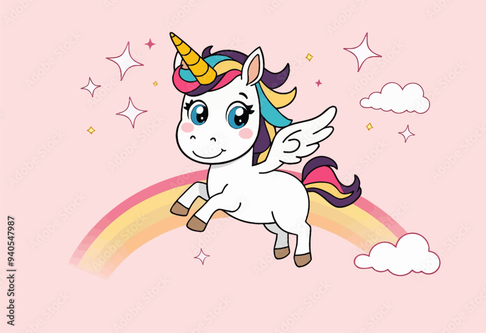 Whimsical Unicorn Soaring Through Rainbow Clouds