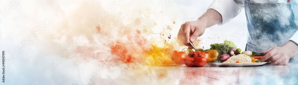 A chef garnishing a colorful plate of food, showcasing culinary creativity and flair in a vibrant kitchen environment. A chef garnishing a colorful plate of food, showcasing culinary creativity and flair in a vibrant kitchen environment.
