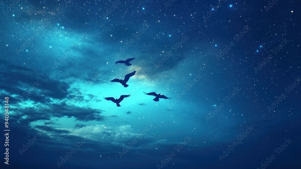 Four Birds Silhouetted Against a Starry Night Sky Four Birds Silhouetted Against a Starry Night Sky