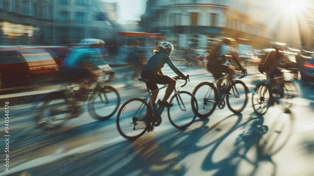 Group of cyclists riding quickly in an urban street during sunset, capturing the dynamic energy and movement of city life. Group of cyclists riding quickly in an urban street during sunset, capturing the dynamic energy and movement of city life.