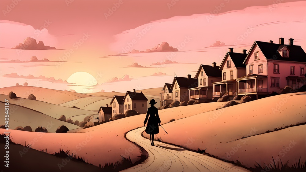 Fototapeta premium A woman walks down a road in front of a sunset