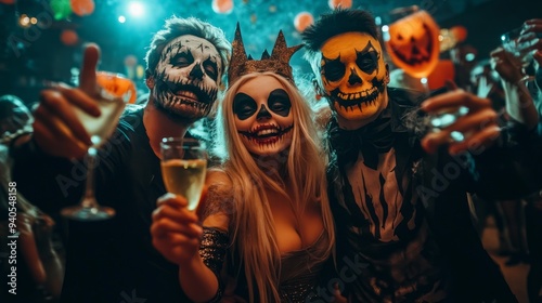 People dance at Halloween party with champagne glasses. Friends in the costumes in nightclub