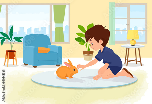 Young Boy Feeding Orange Bunny in Living Room