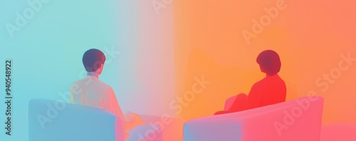 Abstract Portrayal of Two People Seated Amidst Vibrant Gradient Colors photo