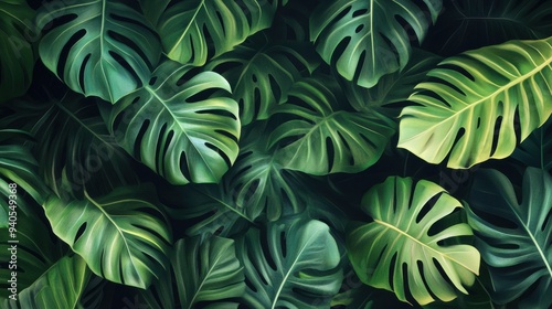 Lush Green Tropical Monstera Leaves Overlapping in a Dense, Vibrant Pattern 