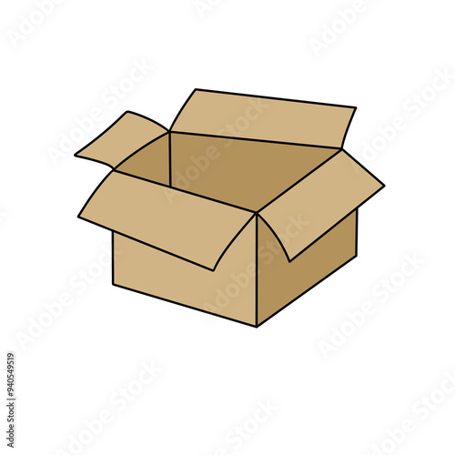 A cardboard box is open and empty