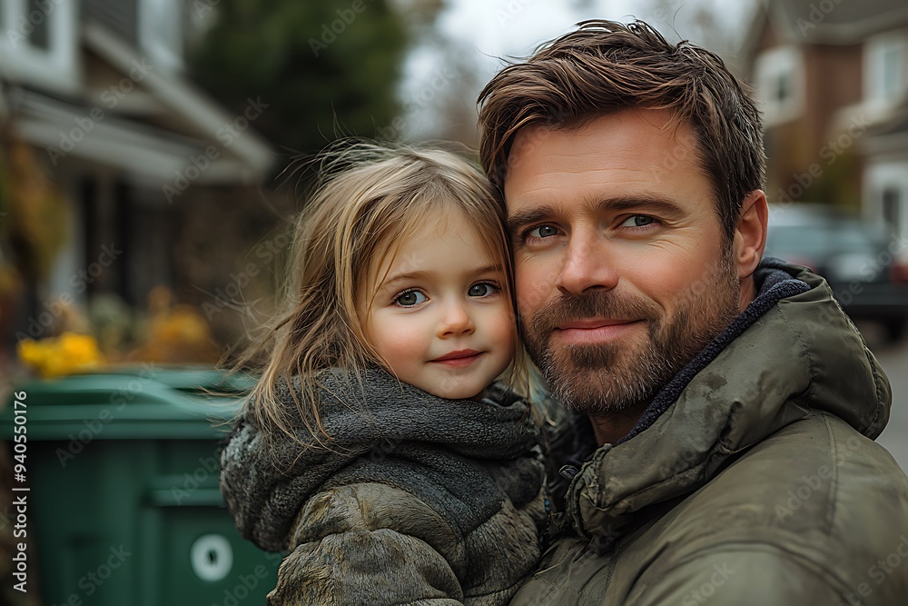 A father holds his young daughter close, smiling at the camera. They are dressed in winter clothes and standing in front of a house. A father holds his young daughter close, smiling at the camera. They are dressed in winter clothes and standing in front of a house.