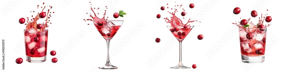 Collection of cranberry cocktails splashing in different glasses with ice cubes and cranberries, isolated on a white background. Collection of cranberry cocktails splashing in different glasses with ice cubes and cranberries, isolated on a white background.