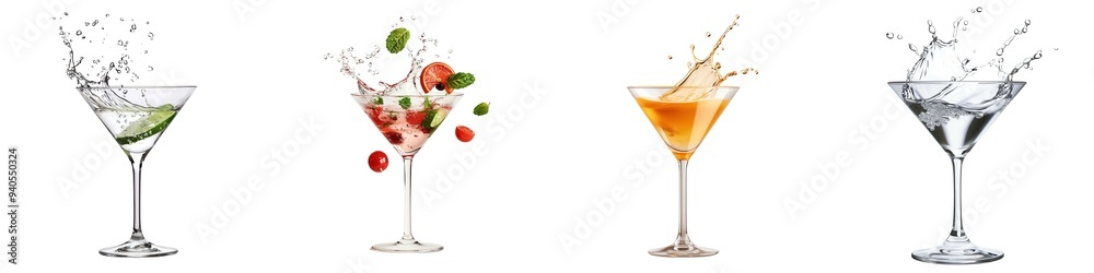 Four colorful cocktails splashing in martini glasses, featuring various ingredients like berries and leaves, against a white background. Four colorful cocktails splashing in martini glasses, featuring various ingredients like berries and leaves, against a white background.