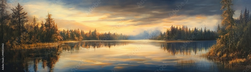 Fototapeta premium Serene Sunset Over a Still Forest Lake