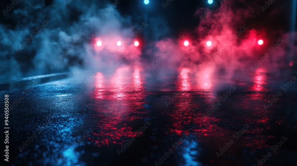 Moody Urban Scene with Neon Red and Blue Lights Reflecting on Wet Pavement
Moody Urban Scene with Neon Red and Blue Lights Reflecting on Wet Pavement
