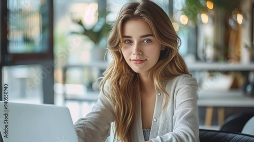 Professional female employee using laptop in modern minimalist office. Generative AI.