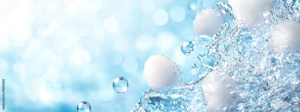 A collection of white eggs hovering above blue water teeming with bubbles against a backdrop of blue and white A collection of white eggs hovering above blue water teeming with bubbles against a backdrop of blue and white