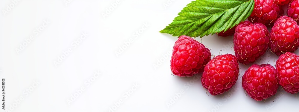 A single green leaf hovering above raspberries on a white background Raspberries are arranged next to the leaf A single green leaf hovering above raspberries on a white background Raspberries are arranged next to the leaf