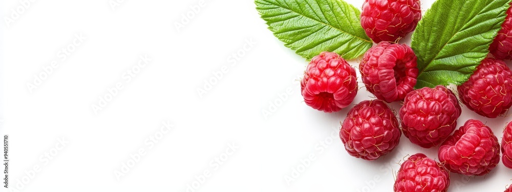 Raspberries with green leaves on a white background Insert 'Raspberries' below image Raspberries with green leaves on a white background Insert 'Raspberries' below image