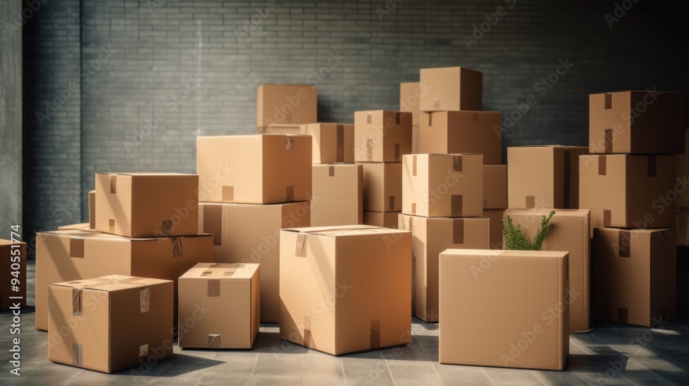 A large stack of cardboard boxes in a warehouse, indicating moving, storage, or shipping, with a plant adding a touch of nature. A large stack of cardboard boxes in a warehouse, indicating moving, storage, or shipping, with a plant adding a touch of nature.