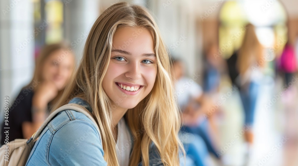 Happy teenage girl smiling in a school hallway, carrying a backpack, with blurred classmates in the background. Happy teenage girl smiling in a school hallway, carrying a backpack, with blurred classmates in the background.