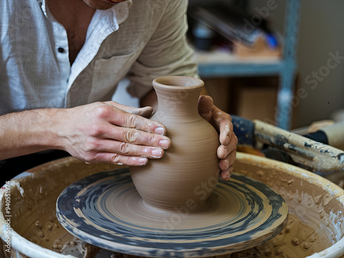 Generated imageA man creating a ceramic vase on a pottery wheel photo