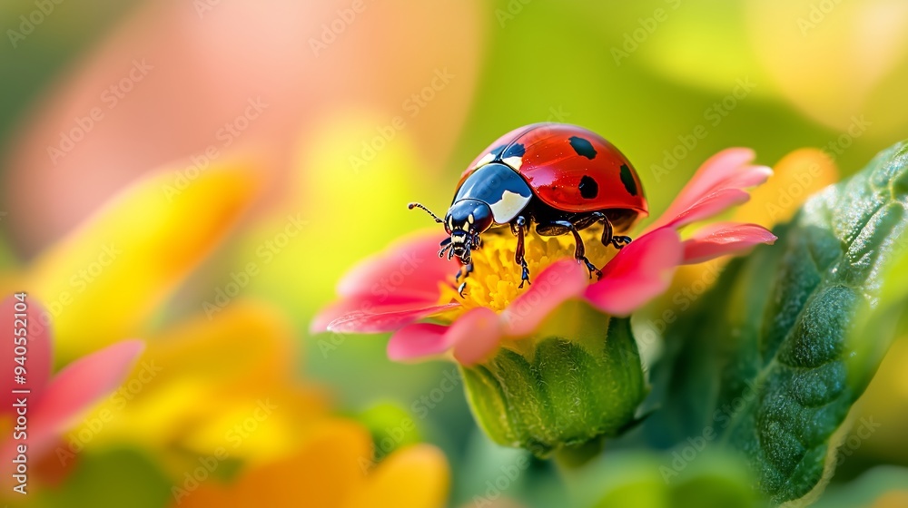 A vibrant ladybug rests on a flower, highlighting nature's beauty amid lush greenery. A vibrant ladybug rests on a flower, highlighting nature's beauty amid lush greenery.