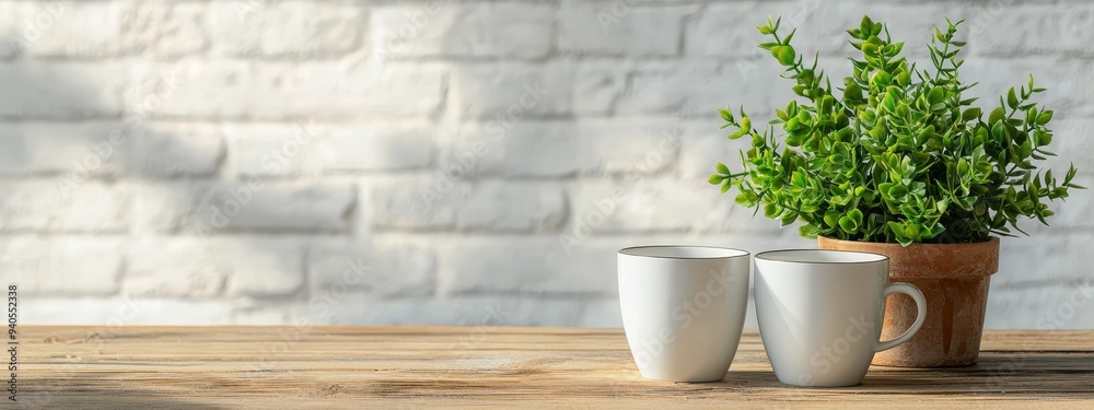 Two white cups on a wooden table, one next to a potted plant Two white cups on a wooden table, one next to a potted plant