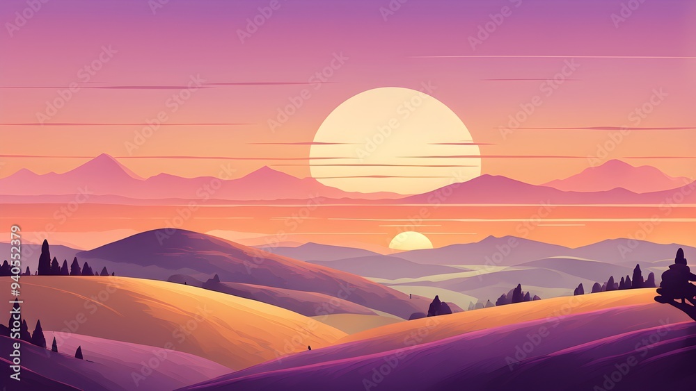 A beautiful sunset over a mountain range with a large sun in the sky A beautiful sunset over a mountain range with a large sun in the sky