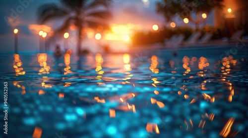 Serene evening poolside scene with bokeh lights reflecting on the water, creating a tranquil and romantic ambiance.
