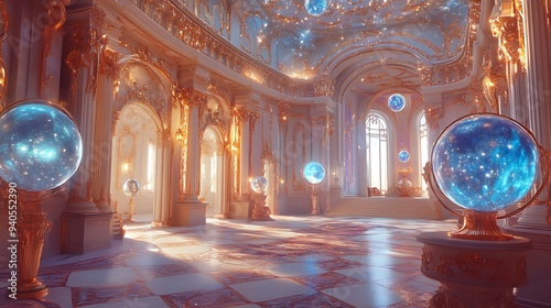 Ethereal Royal Palace Interior with Shimmering Gemstones and Celestial Globes photo