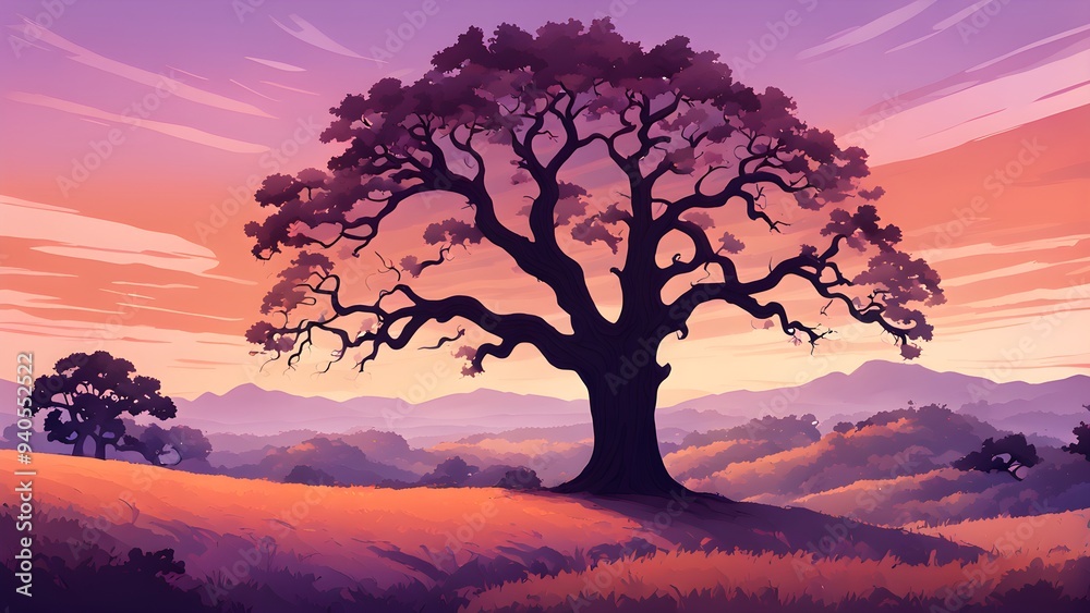 A large tree stands in a field with a beautiful sunset in the background A large tree stands in a field with a beautiful sunset in the background
