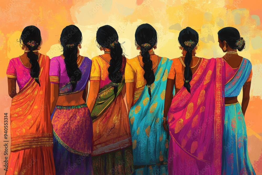 Obraz premium Back view of women in colorful traditional saris