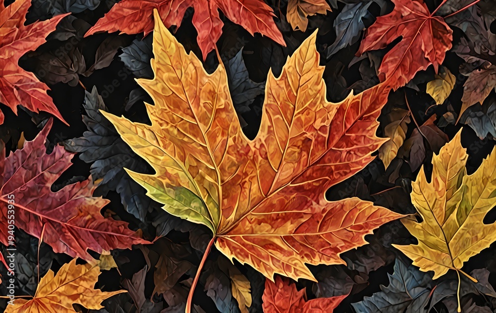 Fototapeta premium wallpaper representing autumn leaves, on a super detailed black relief background.