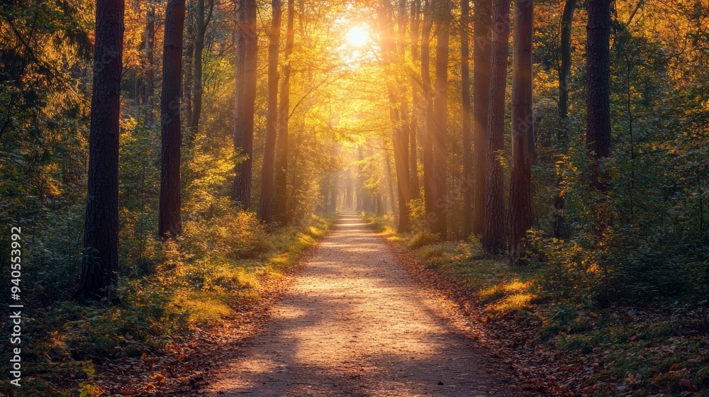 Fototapeta premium Autumn View Of A Pathway In Forest With Sunshine During Daytime In Spring Season, Springtime Light A Lovely Midday View Of An Autumn Route Through A Woodland