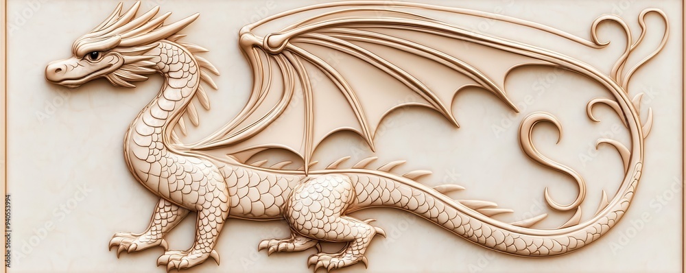 Fototapeta premium A graceful Art Nouveau dragon with flowing lines and elegant curves, Art Nouveau, dragon, decorative