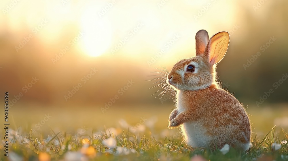 A fluffy rabbit hopping through a vibrant flower meadow at sunrise, with petals scattered around and soft golden light casting a warm glow. A fluffy rabbit hopping through a vibrant flower meadow at sunrise, with petals scattered around and soft golden light casting a warm glow.