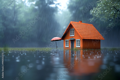 Natural disasters and insurance concept, a home with an umbrella roof