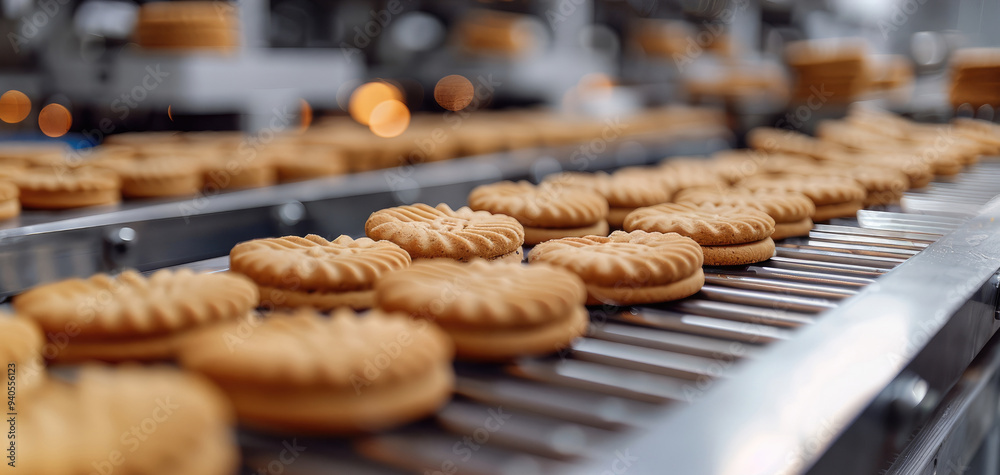 Modern line for bakery cookies. Food industry, biscuit production in factory on conveyor belt. Generative AI. Modern line for bakery cookies. Food industry, biscuit production in factory on conveyor belt. Generative AI.