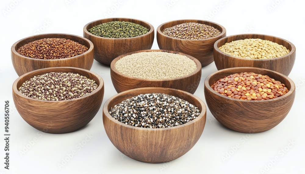 Assorted grains and seeds in wooden bowls on white background. Healthy and nutritious food variety displayed neatly. Assorted grains and seeds in wooden bowls on white background. Healthy and nutritious food variety displayed neatly.