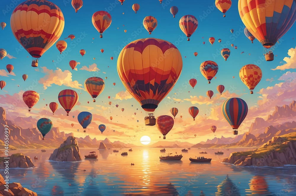 Fototapeta premium epic landscape during sunset full of hot air balloons 